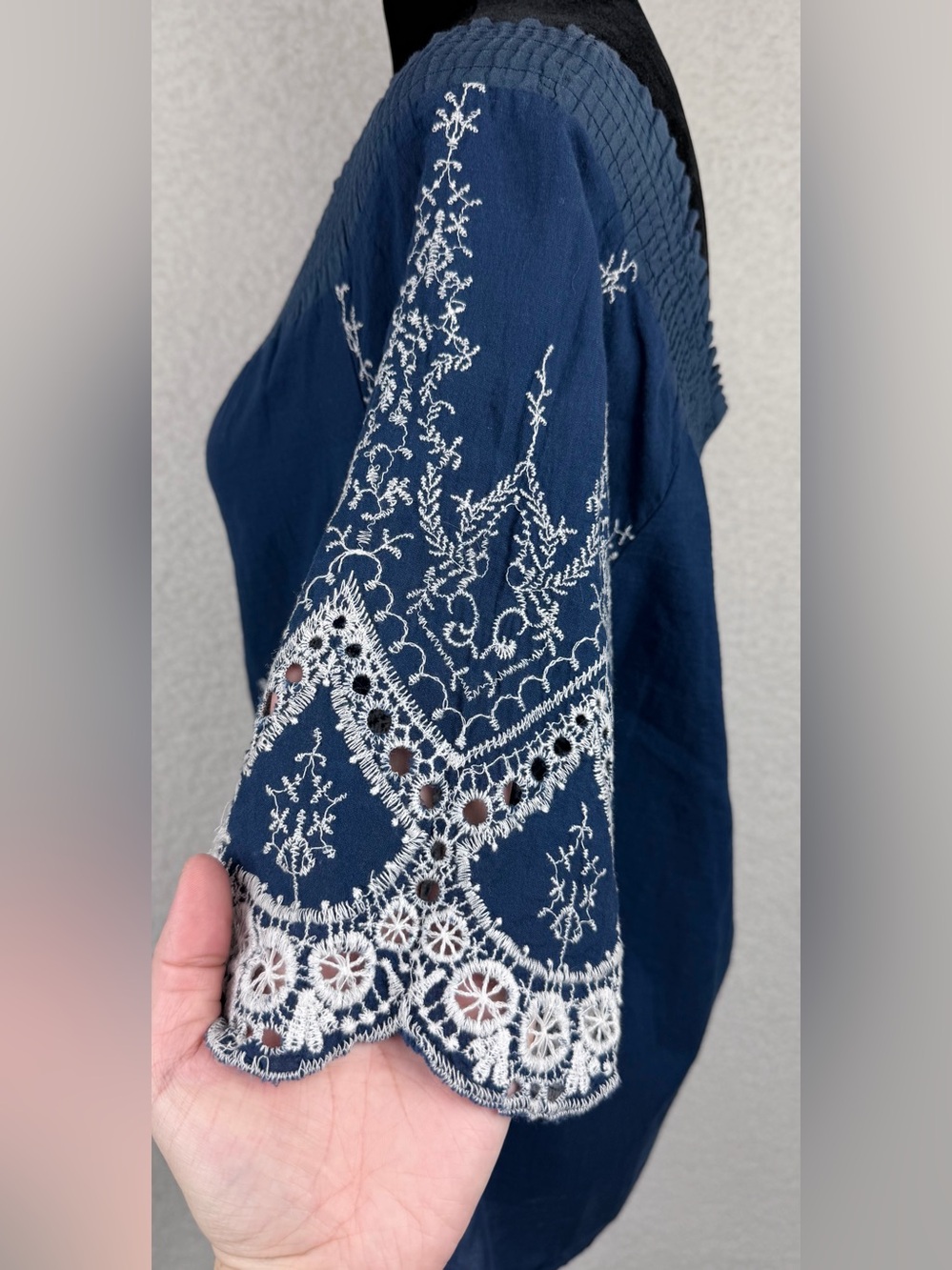 Navy Blue/White Embroidered Boho Smocked-Neck Peasant Blouse, M - Picture 6 of 10